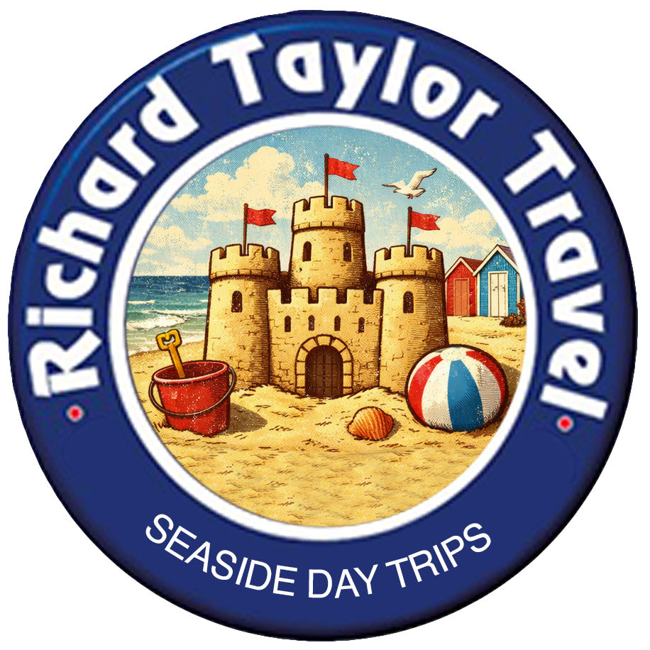 Logo for Richard Taylor Travel's coastal Day Trips with a sandcastle and beach elements on a blue background