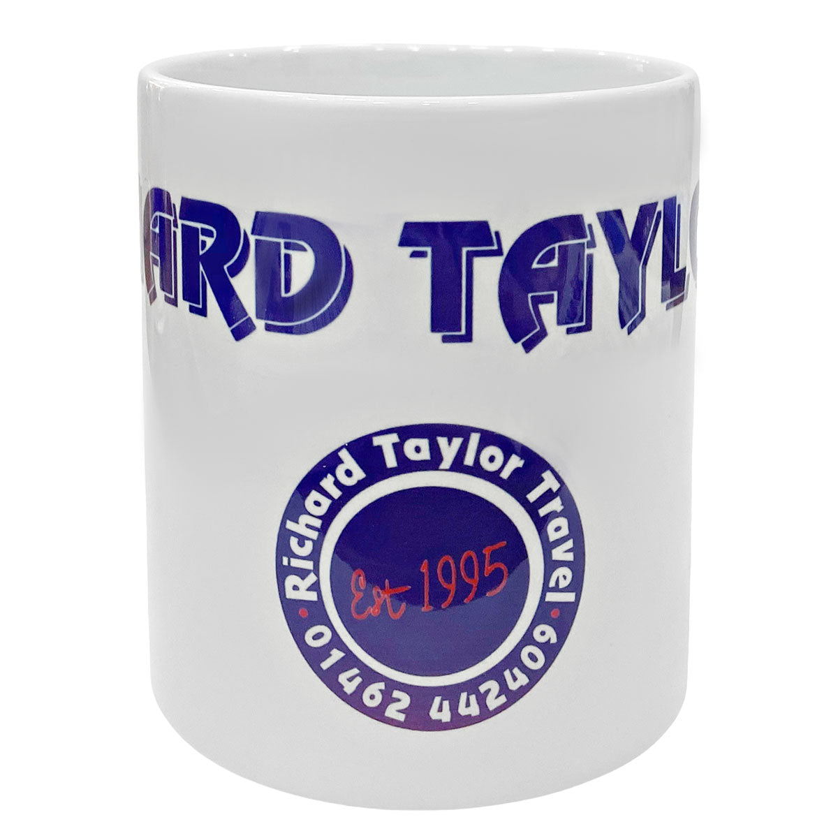 A white ceramic mug featuring a blue and purple graphic design with the text 'Richard Taylor Travel' and a circular logo seal on the front.