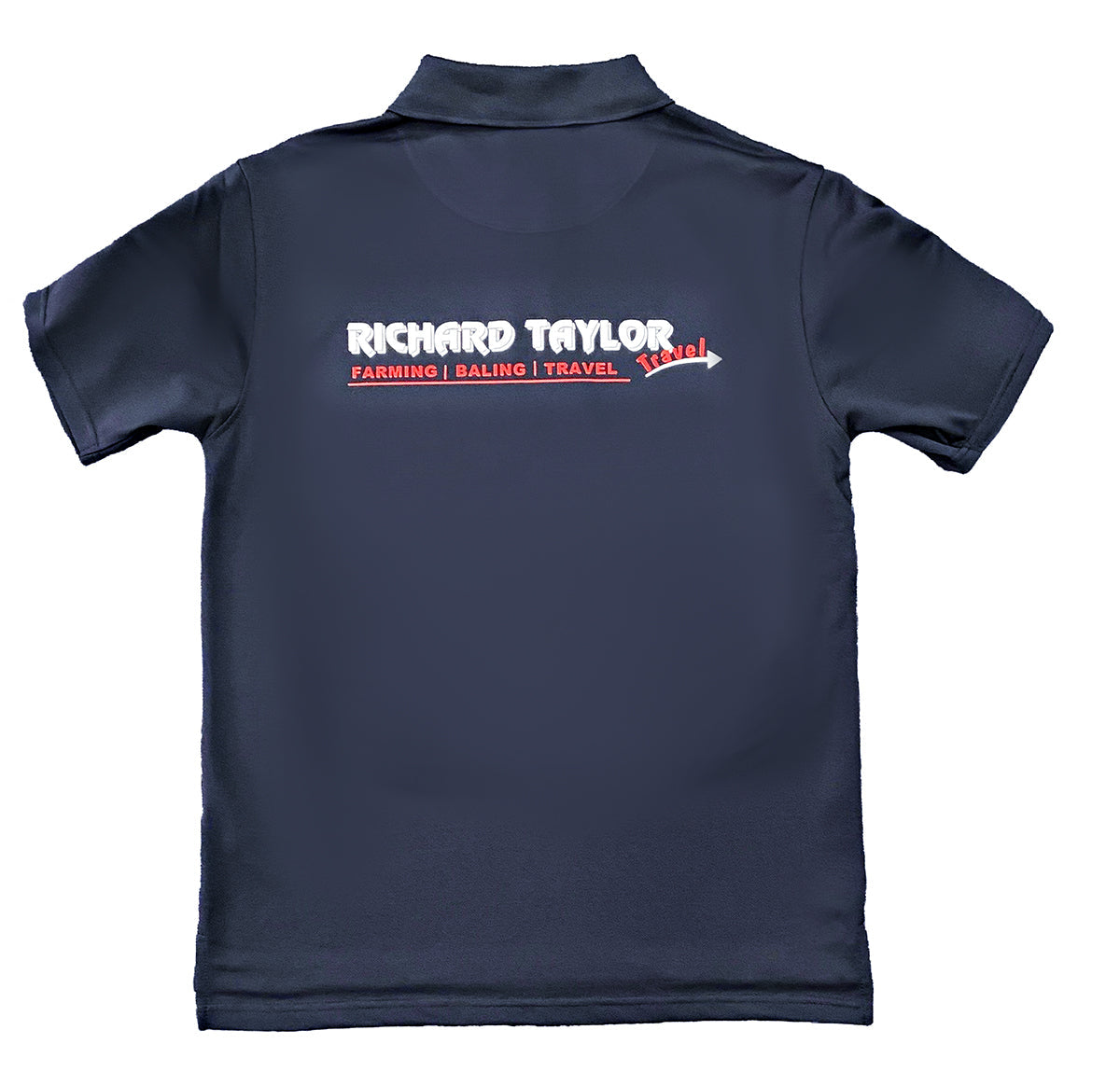 Richard Taylor Travel navy blue short-sleeve polo shirt shown from the back, featuring a white and red 'Richard Taylor Travel' logo across the upper back.