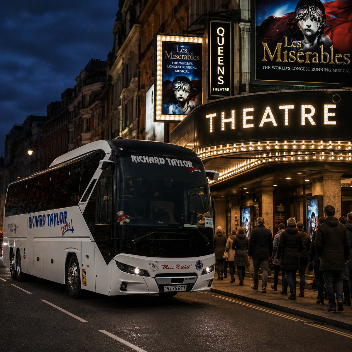Richard Taylor Travel theatre coach trip outside a West End theatre