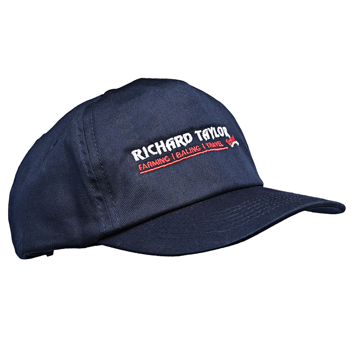 A navy blue baseball cap with embroidered white and red text reading 'RICHARD TAYLOR TRAVEL FARMING | BAILING | TRAVEL' on the front panel, shown on a plain white background.