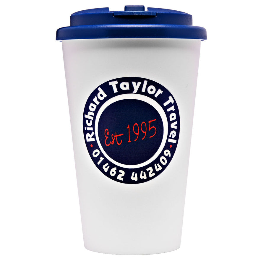 A white reusable travel tumbler with a dark blue lid, featuring a circular 'Richard Taylor Travel' logo on the front with 'Est 1995' in red script.