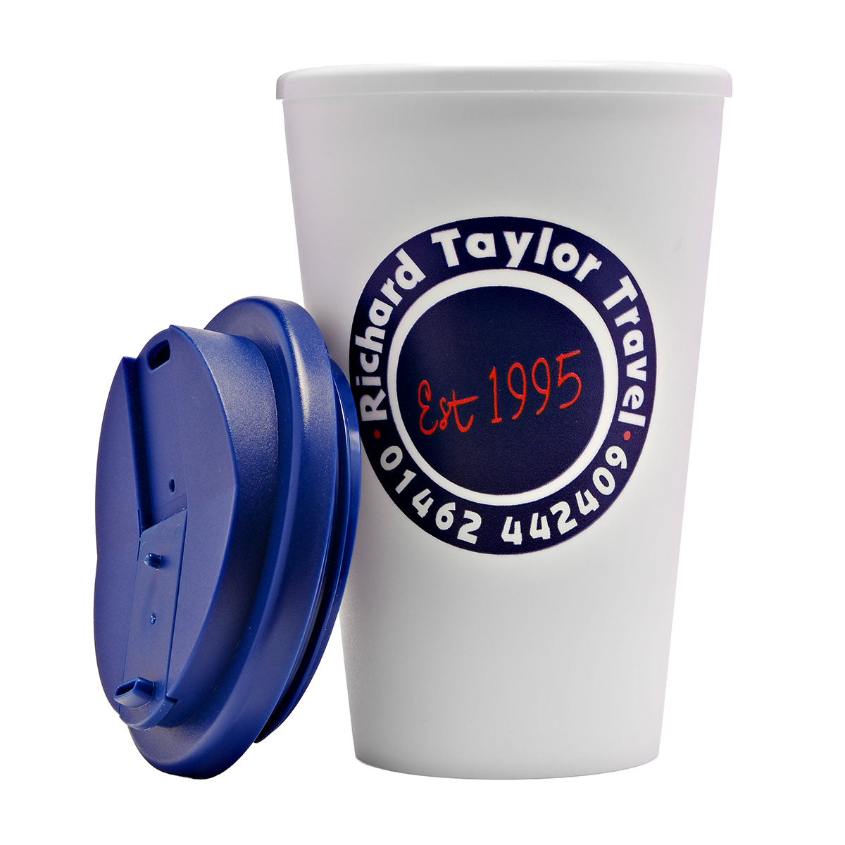 A white paperboard coffee cup with a blue flip-top lid, featuring a custom printed circular logo for 'Richard Taylor Travel' on the side.