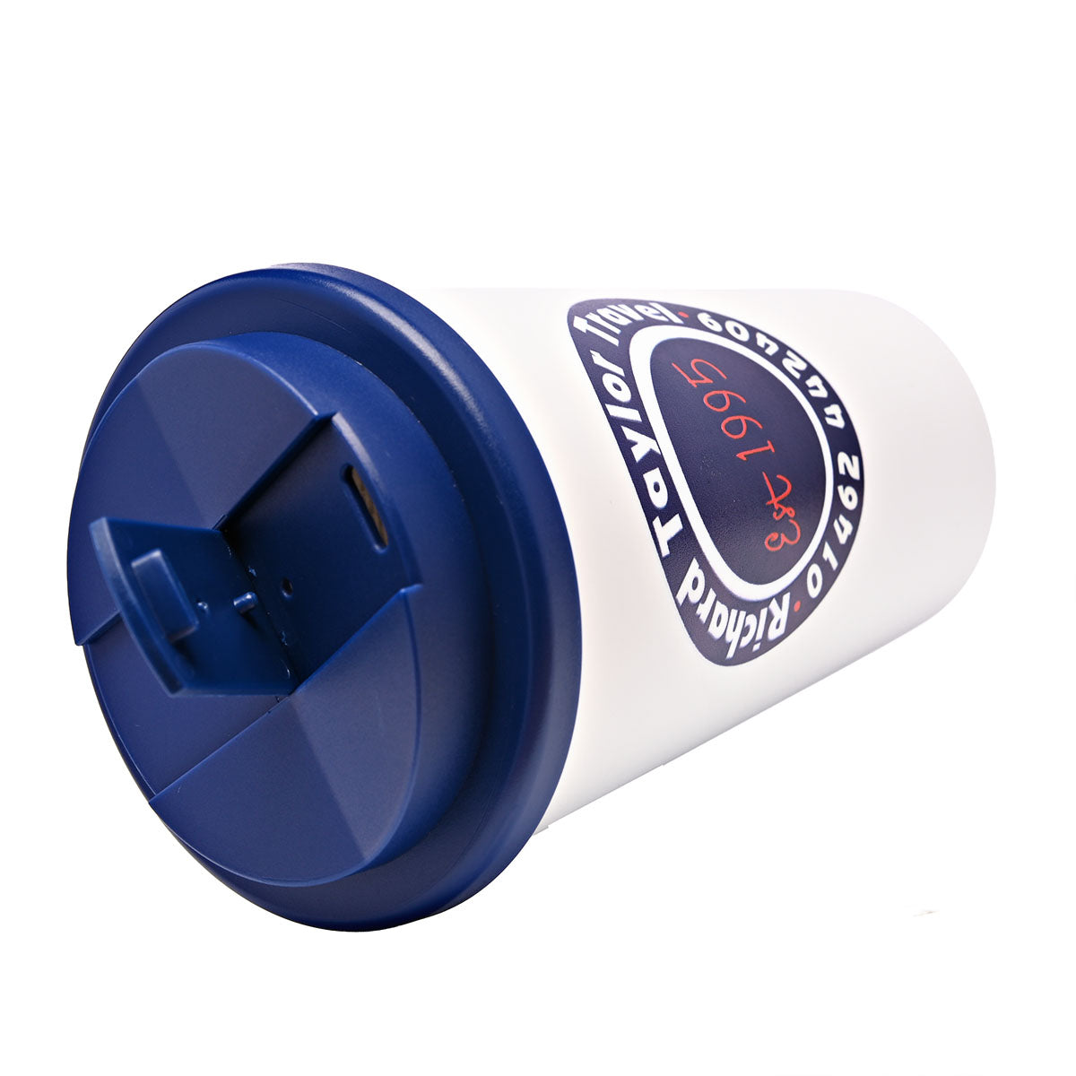 A white insulated travel tumbler with a dark blue flip-top lid, featuring a custom printed circular logo on the side.