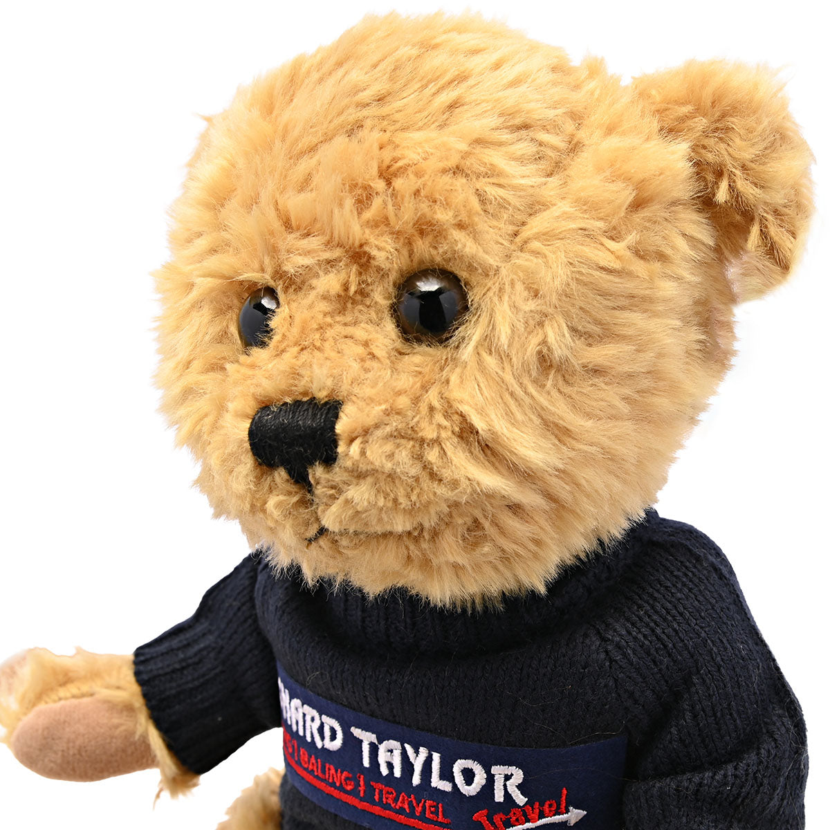 A plush Bill The Bear teddy bear with golden-brown fur wearing a navy blue knit sweater with a 'Hard Taylor Travel' patch on the chest, set against a plain white background.