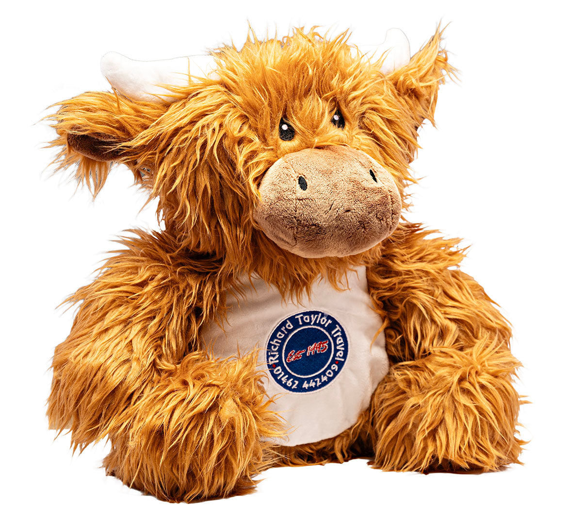 Charlie Arthur the shaggy Highland cow plush toy with golden-brown fur, a white belly, and a circular 'Richard Taylor Travel Est 1995' logo on the chest, set against a plain white background.