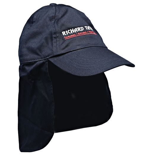 A dark navy blue work cap with a built-in neck flap and chin shield, featuring 'RICHARD TAYLOR TRAVEL' embroidered in white and red on the front, set against a plain white background.