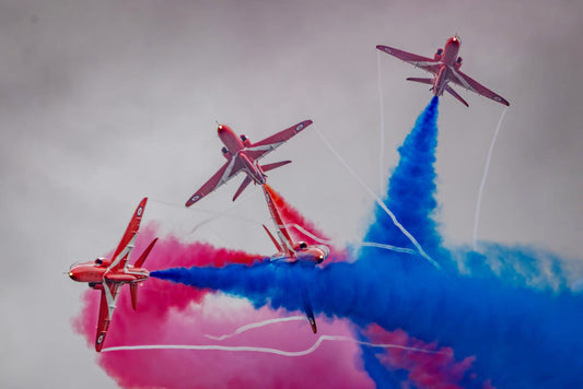Red arrows Display team at the Clacton Airshow which is a premier two-day seaside aviation event on the Essex coast (typically late August) featuring top-tier aerobatics, historic warbirds, and modern military jets. Organized by Tendring District Council, the 2025 event runs Aug 21-22 with a "Legends of the Sky" theme, including twilight flights, fireworks, and extensive ground displays.