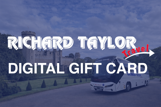 Promotional graphic for a Richard Taylor Travel digital gift card, featuring large white text over a scenic background of a castle and a white tour bus under a blue sky.