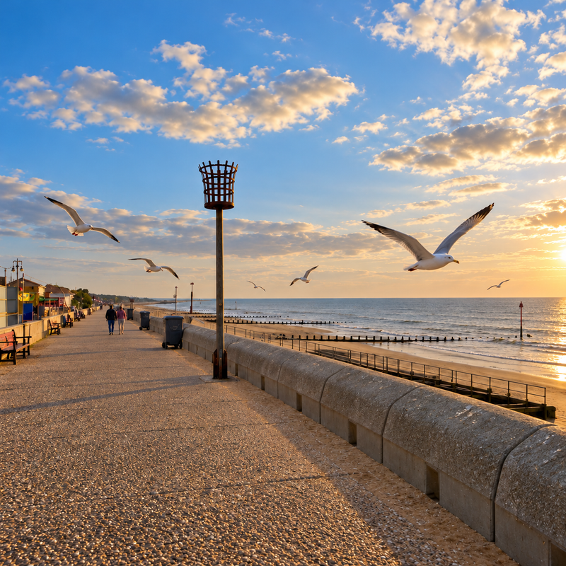 A scenic seaside Dymchurch promenade at sunset with seagulls flying overhead, a stone wall, ocean water, and a blue sky with scattered clouds.
