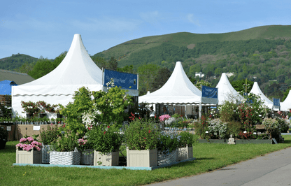 White tents with floral displays in the scenic outdoor setting of RHS Malvern. The RHS Malvern Spring Festival is a premier annual horticultural event held at the Three Counties Showground, Worcestershire, marking the start of the summer gardening season. It features renowned show gardens, a vast Plant Village, floral marquees, and celebrity experts like Monty Don. The festival offers food, shopping, and family activities in a scenic setting.