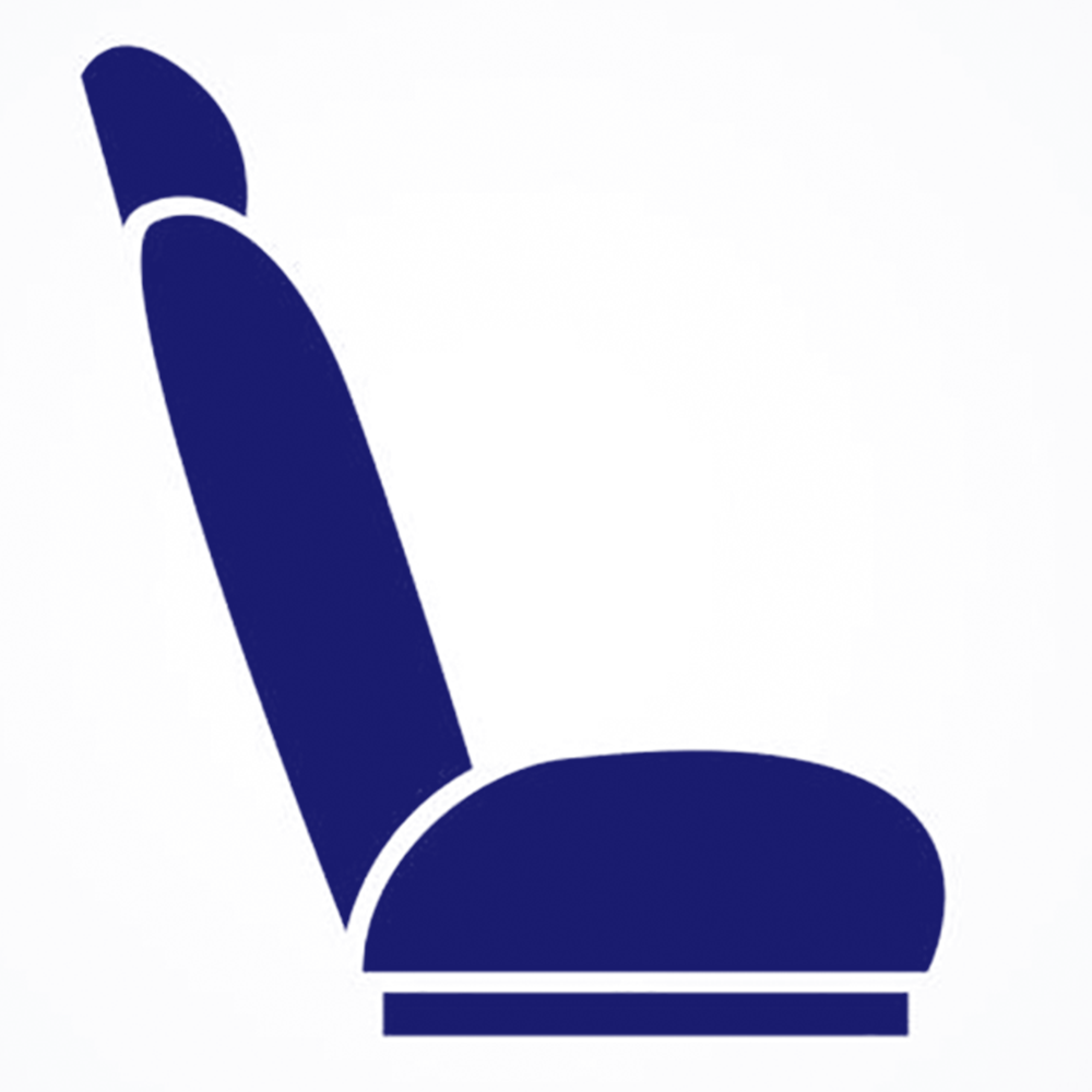 Blue icon of a Richard Taylor Travel coach seat on a white background