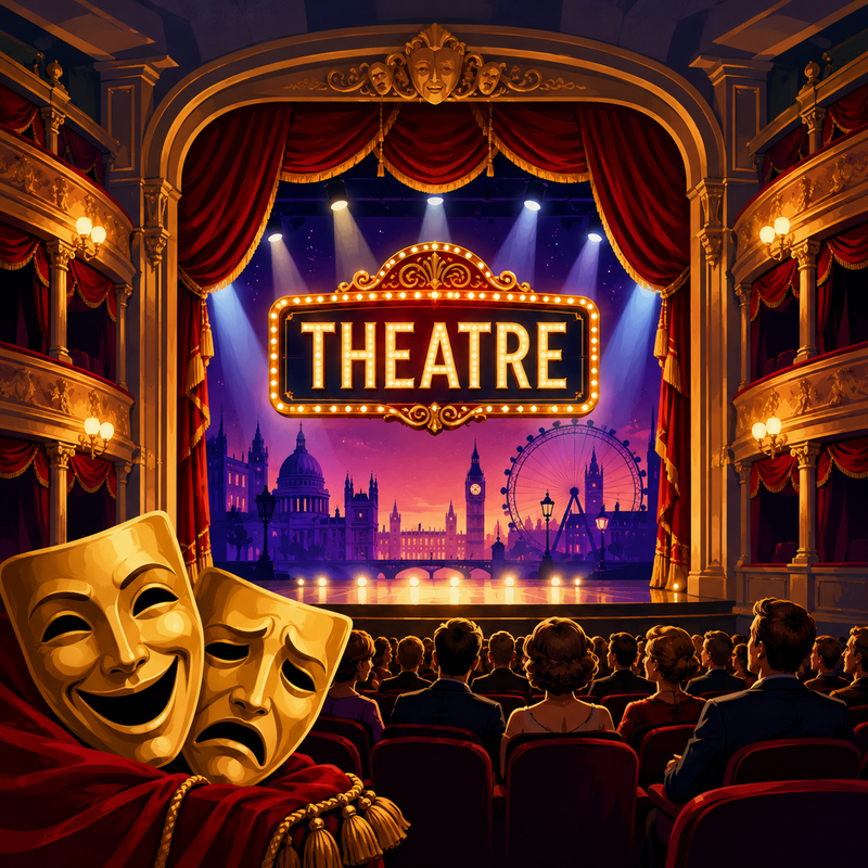 Richard Taylor Travel Theatre Trips A grand theatrical stage interior with red curtains, a lit marquee reading THEATRE, a London skyline backdrop, and an audience seated in the foreground. Two gold comedy and tragedy masks rest in the lower left.