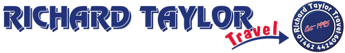Richard Taylor Travel logo with blue and red text and a phone number.