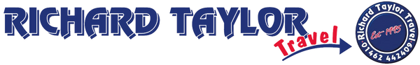 Richard Taylor Travel logo with blue and red text and a phone number.