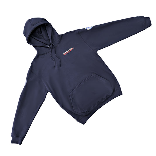 Richard Taylor Travel navy blue pullover hoodie with a drawstring hood, kangaroo pocket, and a small red and white 'RICHARD TAYLOR TRAVEL' logo on the left chest, round patches to the sleeves displayed on a clean white background
