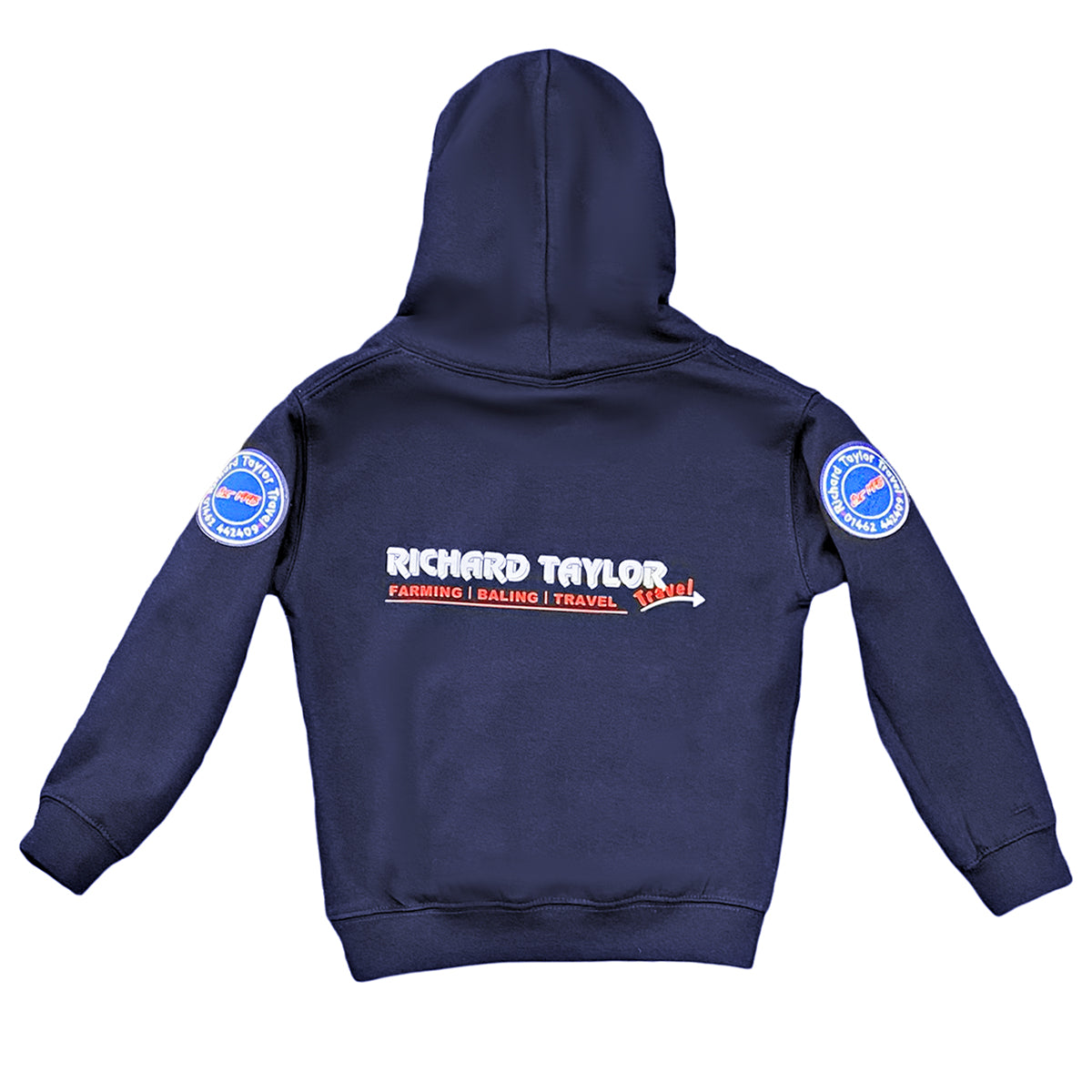 A navy blue hooded sweatshirt shown from the back, featuring 'RICHARD TAYLOR TRAVEL' printed in white across the center with red text underneath, and circular patches on both sleeves.
