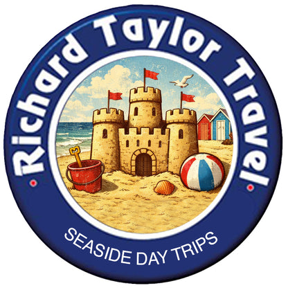 Logo for Richard Taylor Travel's coastal Day Trips with a sandcastle and beach elements on a blue background