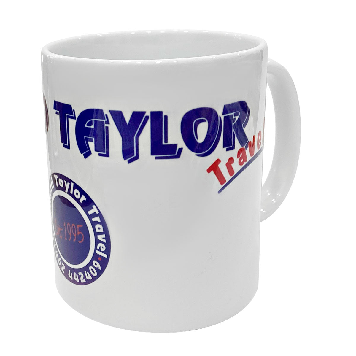 A white ceramic coffee mug featuring a blue and red graphic design with the text 'RICHARD TAYLOR TRAVEL' and a circular seal on the side.