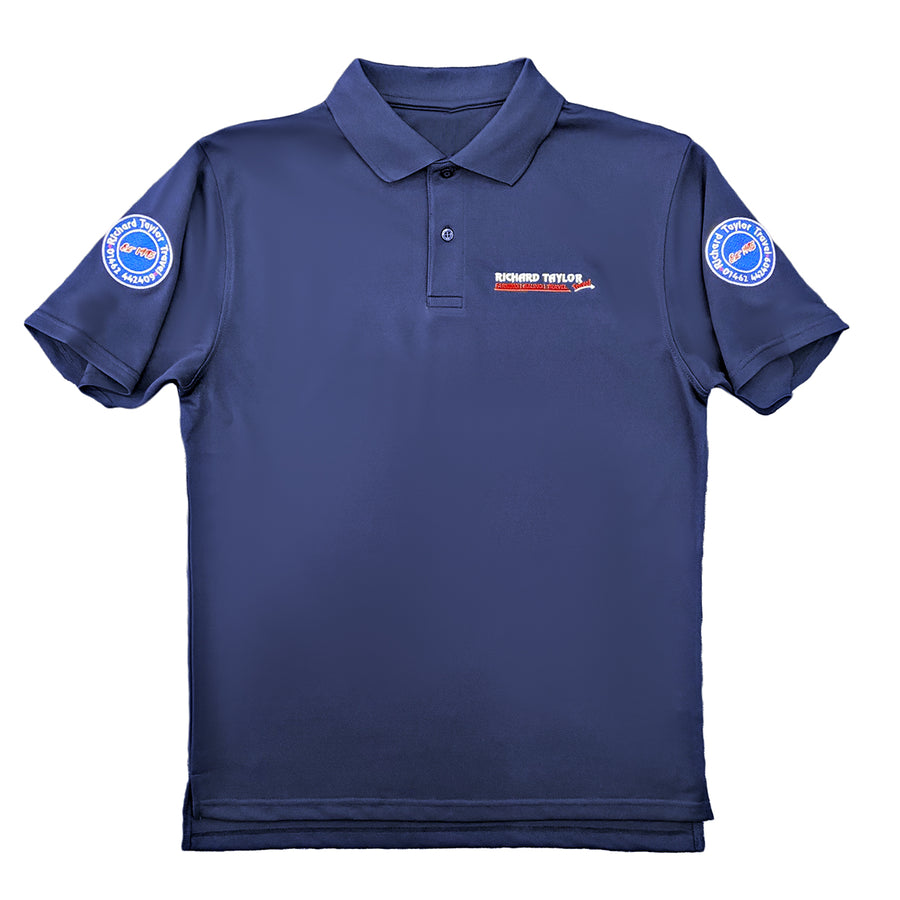 Richard Taylor Travel navy blue short-sleeve polo shirt with a collar and two-button placket. The left chest features a small embroidered logo reading 'RICHARD TAYLOR TRAVEL', and there are circular blue and white logos on both sleeves.