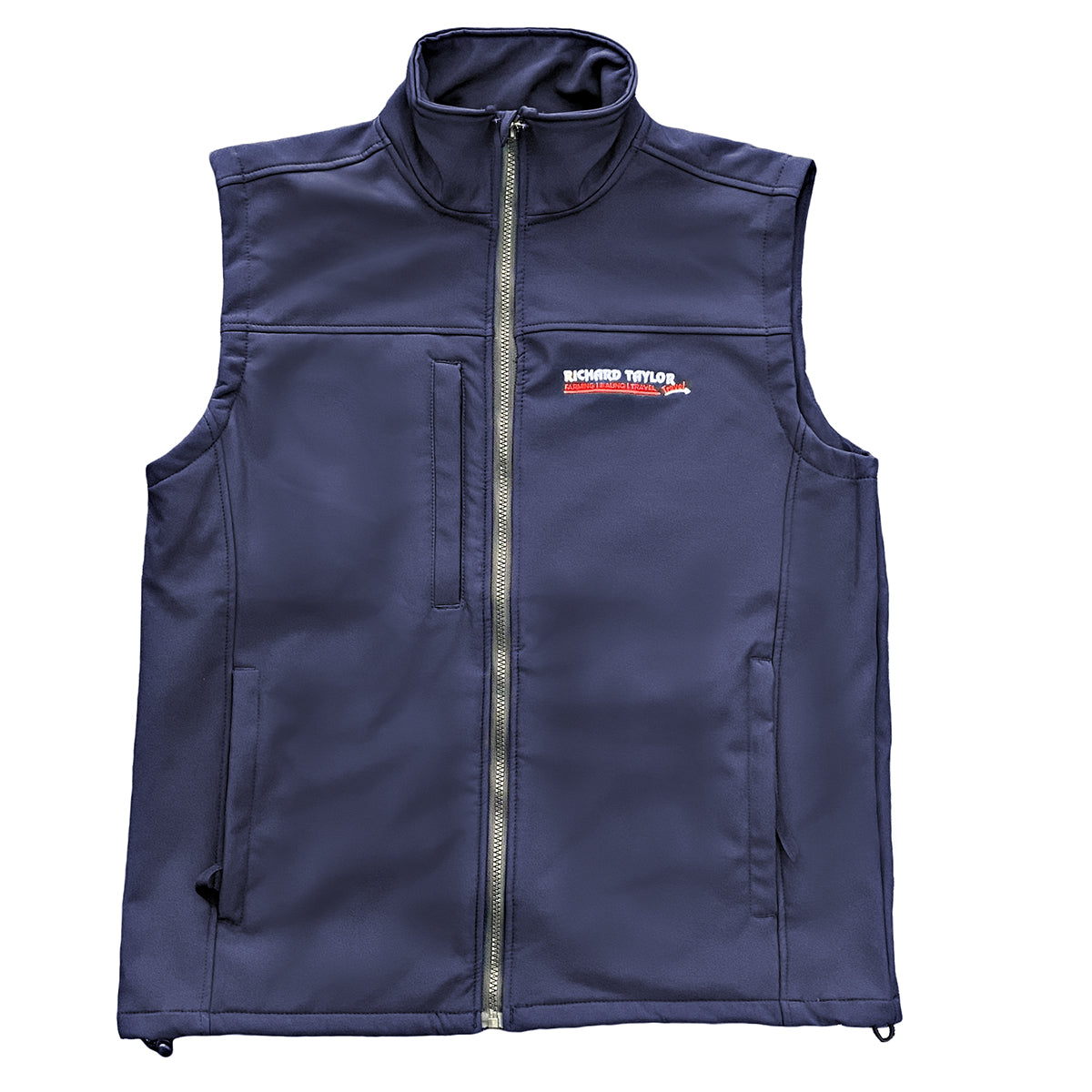 Richard Taylor Travel navy blue softshell vest with a full front zipper, high collar, and a visible 'RICHARD TAYLOR TRAVEL' logo patch on the left chest, shown against a plain white background.