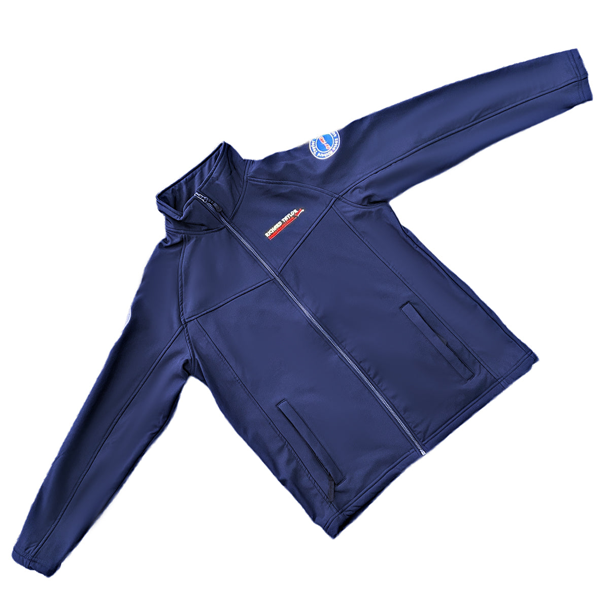 A navy blue zip-up jacket with a stand-up collar, shown laid flat on a white background. It features a small red and white logo on the left chest and a circular blue and white patch on the right sleeve.