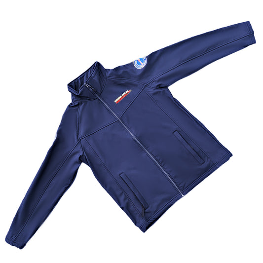 A navy blue zip-up jacket with a stand-up collar, shown laid flat on a white background. It features a small red and white logo on the left chest and a circular blue and white patch on the right sleeve.