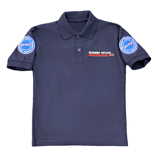 Richard Taylor Travel navy blue short-sleeve polo shirt with a collar and button placket, featuring a 'Richard Taylor Travel' embroidered logo on the left chest and circular patches on both sleeves, shown against a plain white background.
