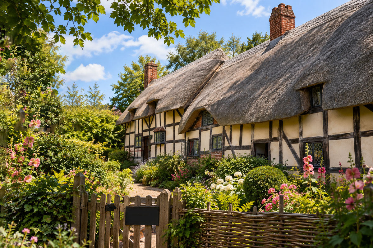 A picturesque thatched cottage with cream walls and dark timber framing, surrounded by a lush garden with pink flowers, a wooden fence, and a wicker basket, under a blue sky with white clouds.