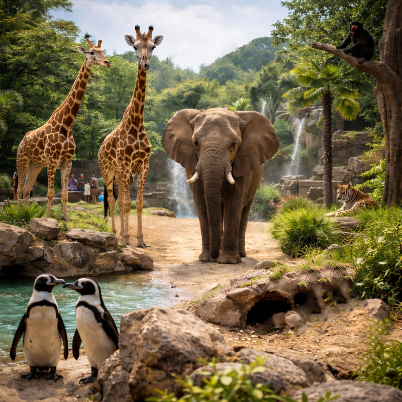 Richard Taylor Travel  zoo and attractions day trips. Zoo enclosure with giraffes, an elephant, penguins, and a tiger.
